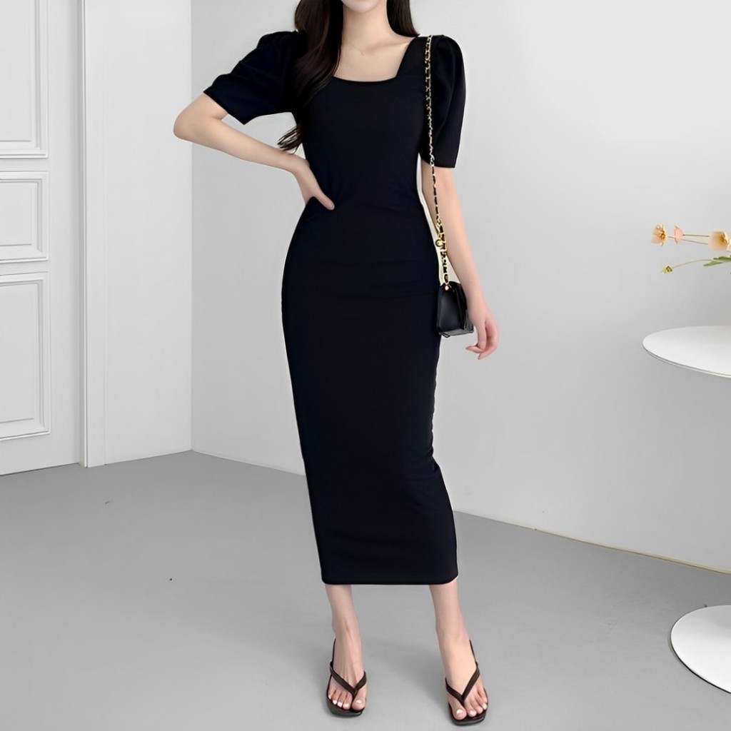 Fashion Fabric - Dress Rajut Casual Bodycon Long Dress Square neck Lengan Pendek #4402