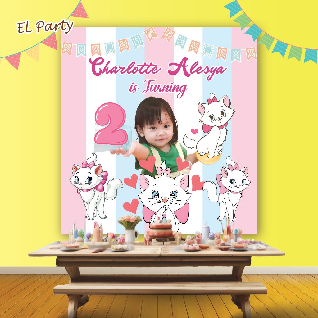 Banner Ulang Tahun MARIE CAT Spanduk Ultah Kostum Karakter Background Backdrop Dekor Birthday