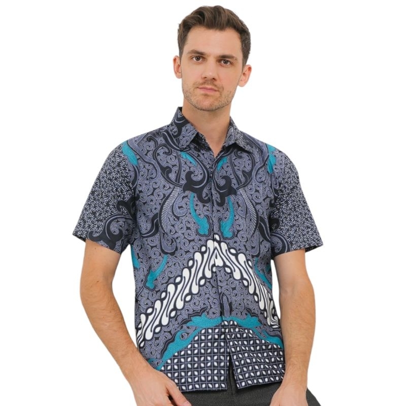 STRBTQ Kemeja Pria Batik Pendek DIMENSI ABU Batik Pria Lengan Pendek