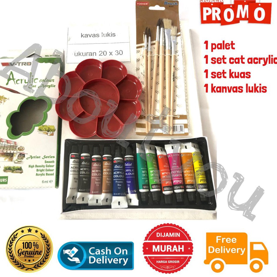

Ready Ekonomis PAKET LUKIS KOMPLIT 4 in 1 KANVAS Besar Cat Akrilik Palet Kuas Set Melukis Lengkap