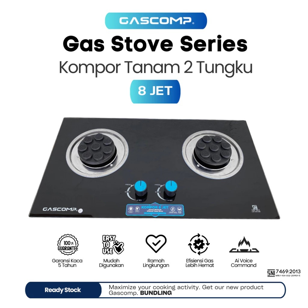 GASCOMP Kompor Tanam Kaca 8 JET Kompor Gas 2 Tungku 8 JET Spesial Kompor Tanam BATAM