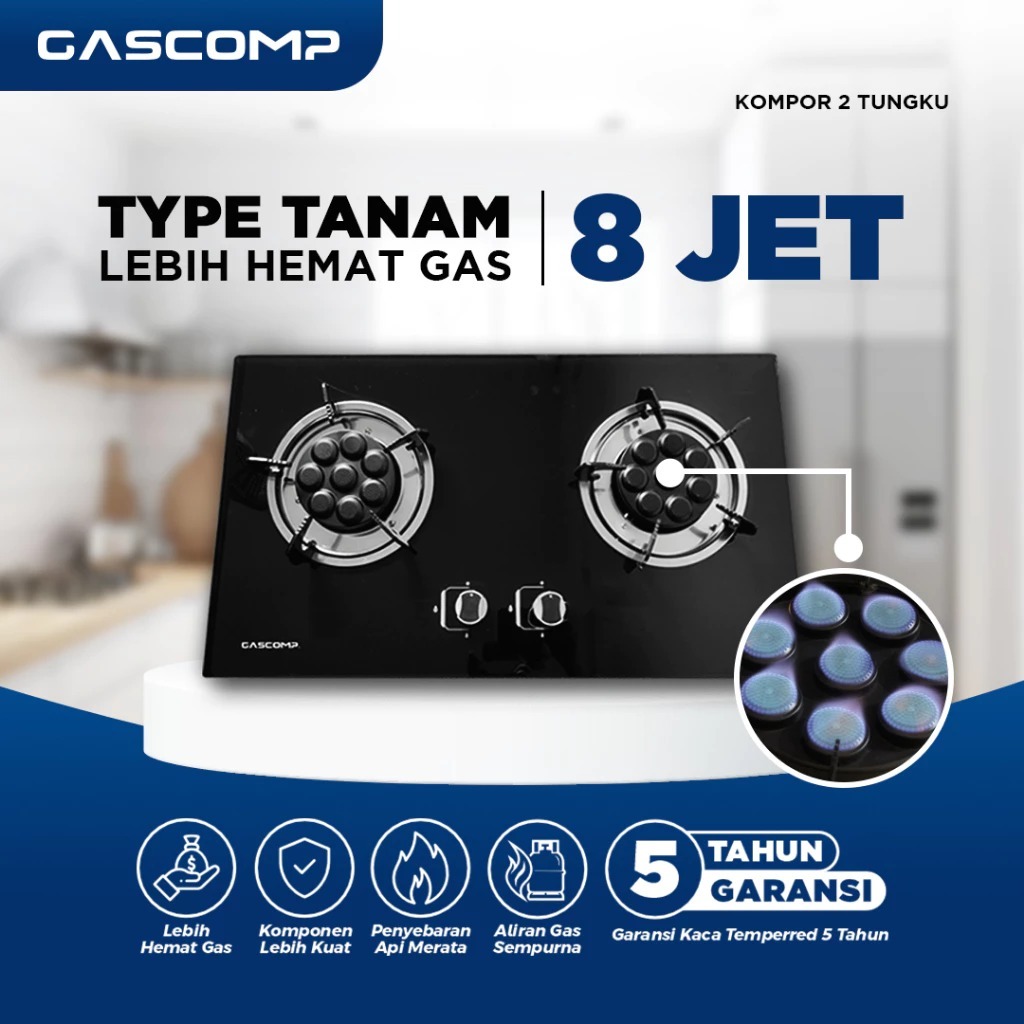 Kompor Gas Kaca Tanam Api Jet 2 Tungku / Kompor Gas Kaca / Kompor Tanam Kaca Burner Api Jet BATAM