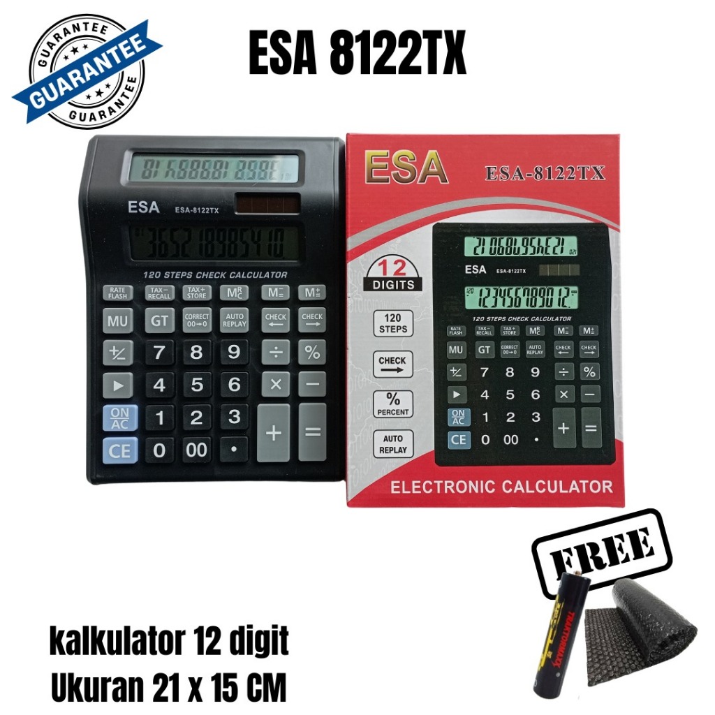 

Kalkulator Kasir Toko ESA 8122 TX Dua Layar Besar Toko Dagang 12 Digit 120 Step Check Correct Replay