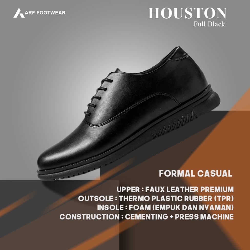 ARF Houston FullHitam Sepatu Formal Kulit Pantofel Hitam Pria Wanita Kerja Kantor Kondangan Casual