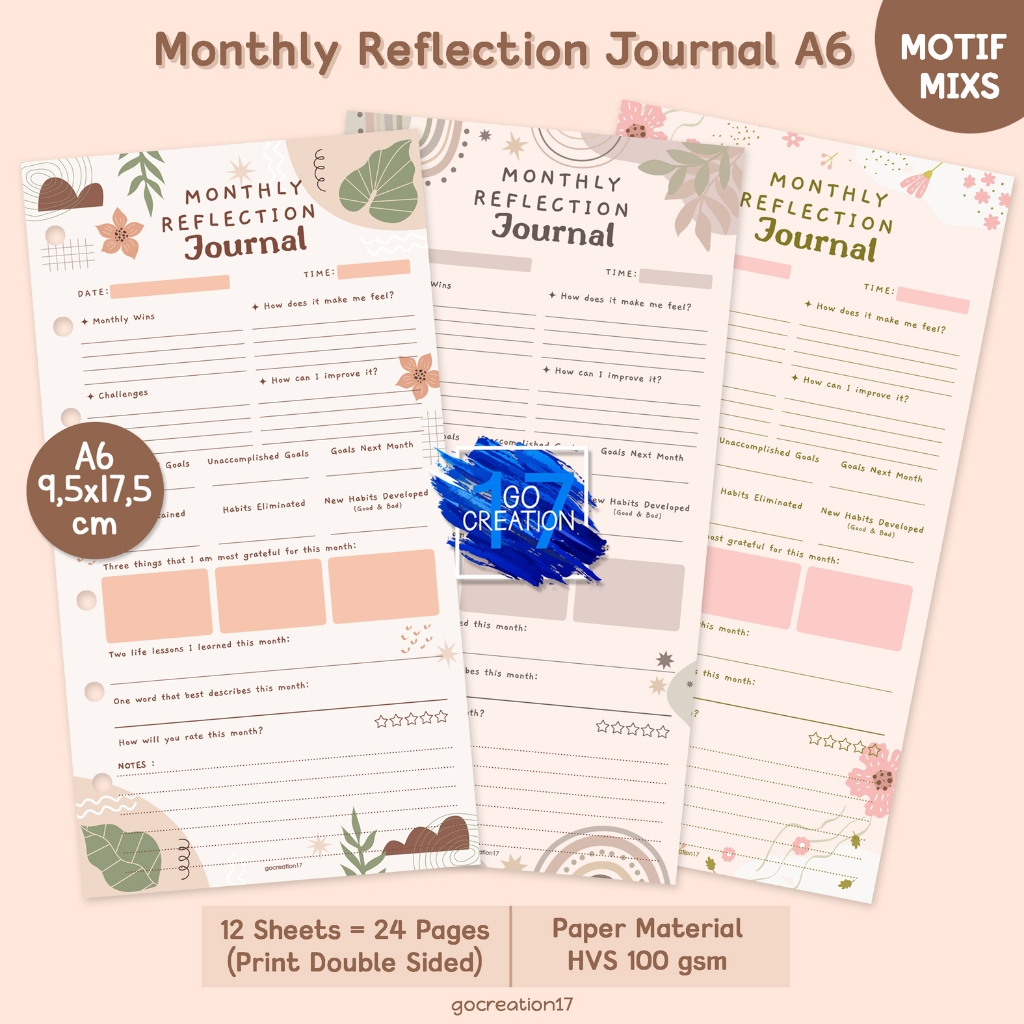 

Buku Planner Refill Kertas Binder Monthly Reflection Journal Motif Premium A6