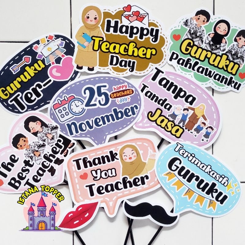 PHOTOBOOTH HARI GURU Versi II /Tidak Custom/ Isi 8 + Free Bibir & Kumis  / Hari Guru/ Properti Foto