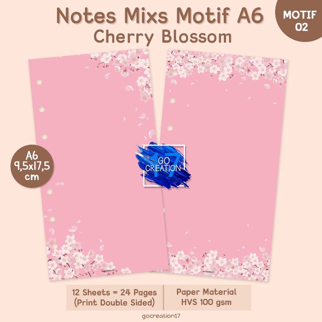 

Buku Planner Refill Kertas Binder Note Polos Plain Motif Cherry Blossom Motif Premium A6