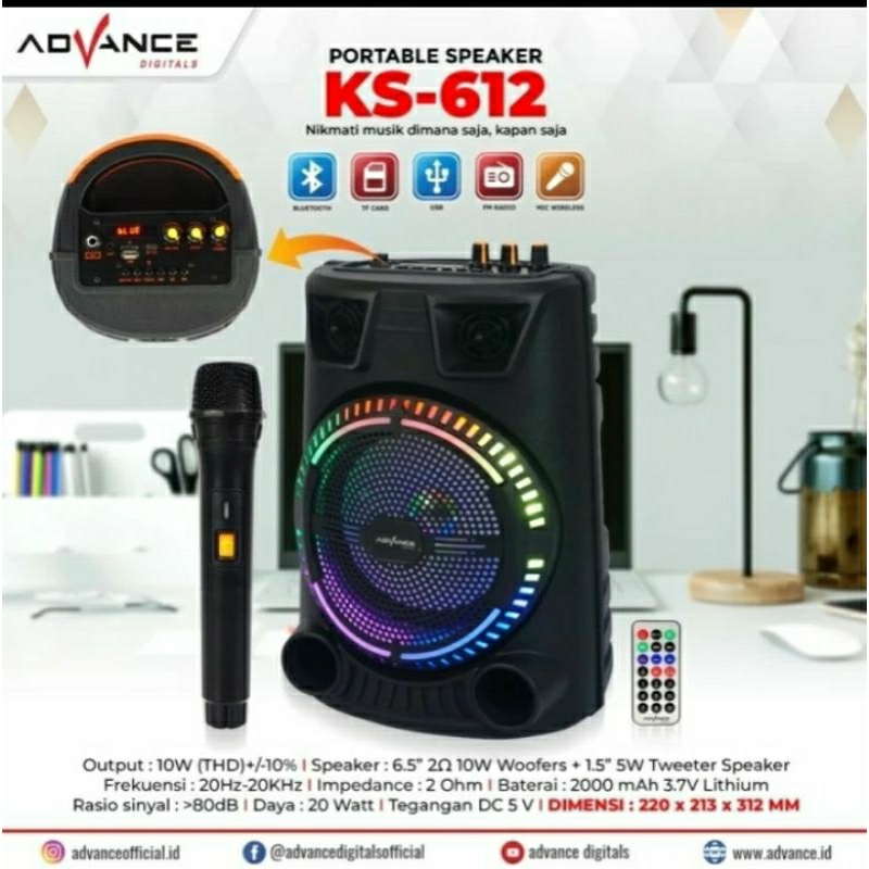 ADVANCE KS-612 Speaker Bluetooth Portable 6.5"inch Plus Mic Wireless Speker Karaoke Meeting