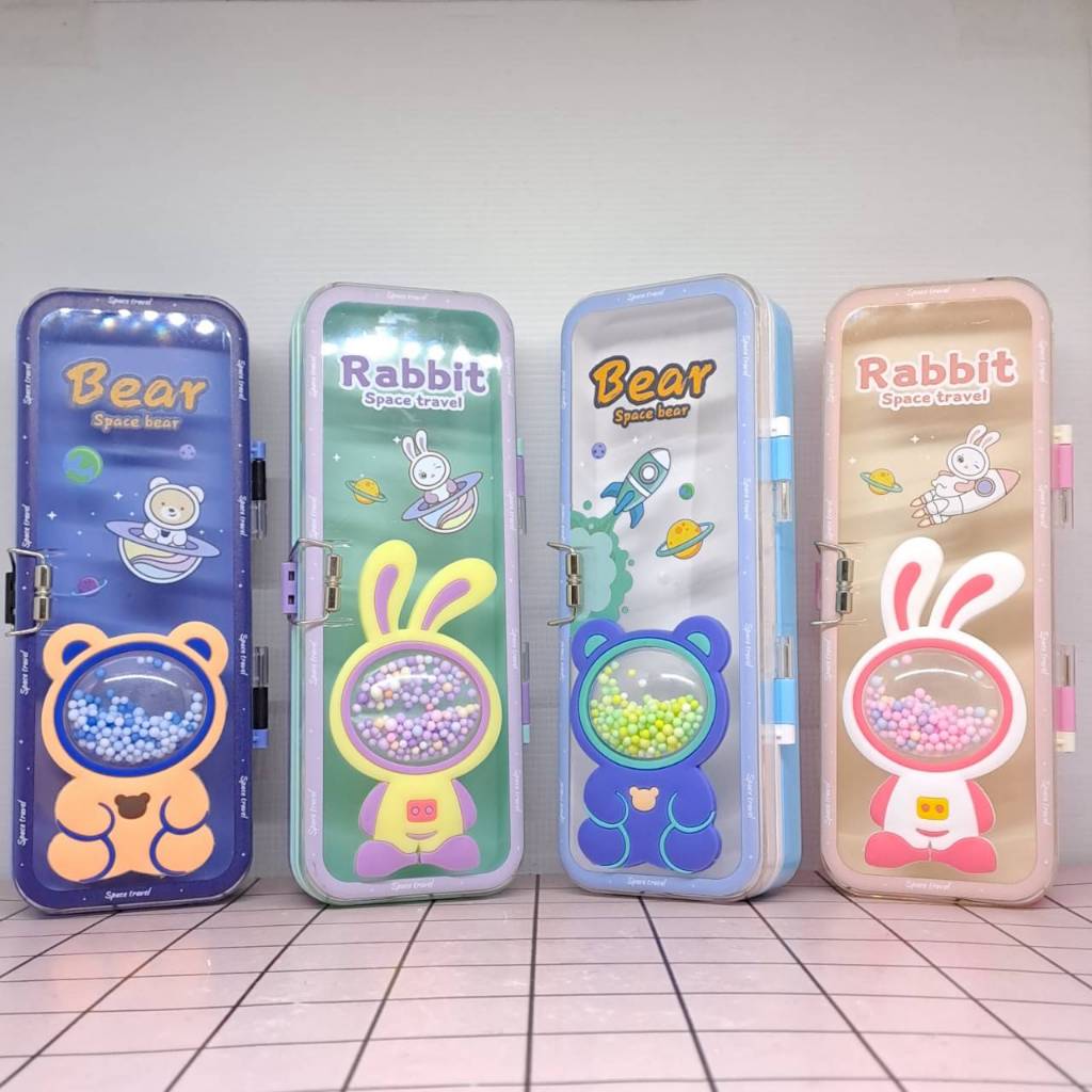 

Kotak Pensil Case Plastik Tingkat Kancing Transparan 3D Anak Space Bear Bunny