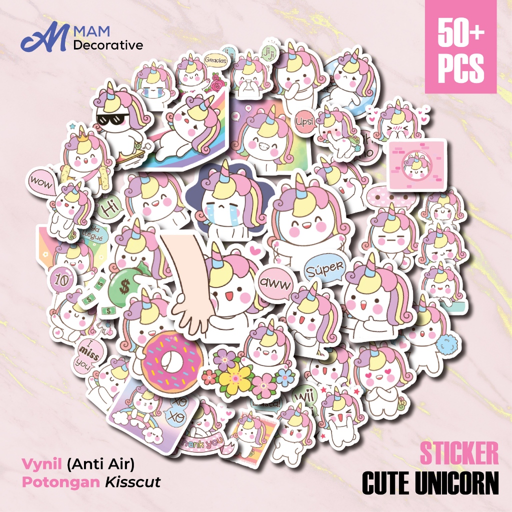 

50 PCS STIKER CUTE UNICORN | Vinyl Waterproof | Stiker Helm Buku Journal Casing HP Laptop