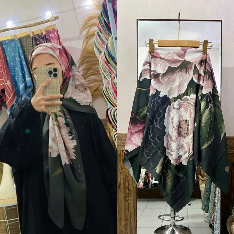 HIJAB SEGIEMPAT VOAL MOTIF BUNGA DAHLIA HITAM SERIES 43/HIJAB BERMOTIF BUNGA-BUNGA TERBARU DENAY HIJ