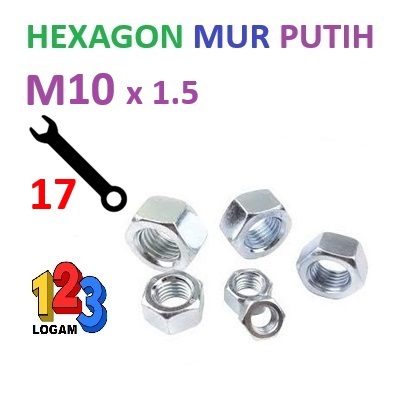 Mur M10 Putih Galvanis Hexagon Besi Kunci Baut 17 Drat 1.5