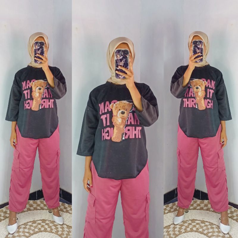 Setelan Wanita / Setcel Cargo Wanita / Onset Sablon Celana Cargo