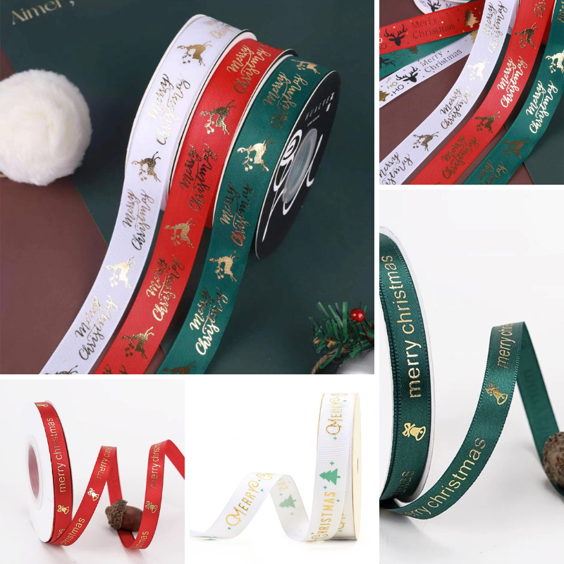 

Pita Roll Natal Motif Merry Christmas Natal Bell Rusa Pohon Satin Merah Chinese Meteran 1cm 2,5cm