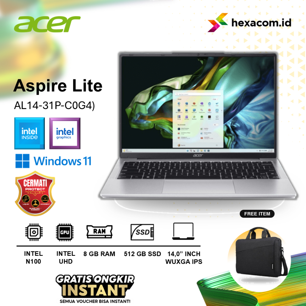 Laptop Acer Aspire Lite AL14 Intel N100 RAM 8GB 512SSD 14" WUXGA IPS WIN11