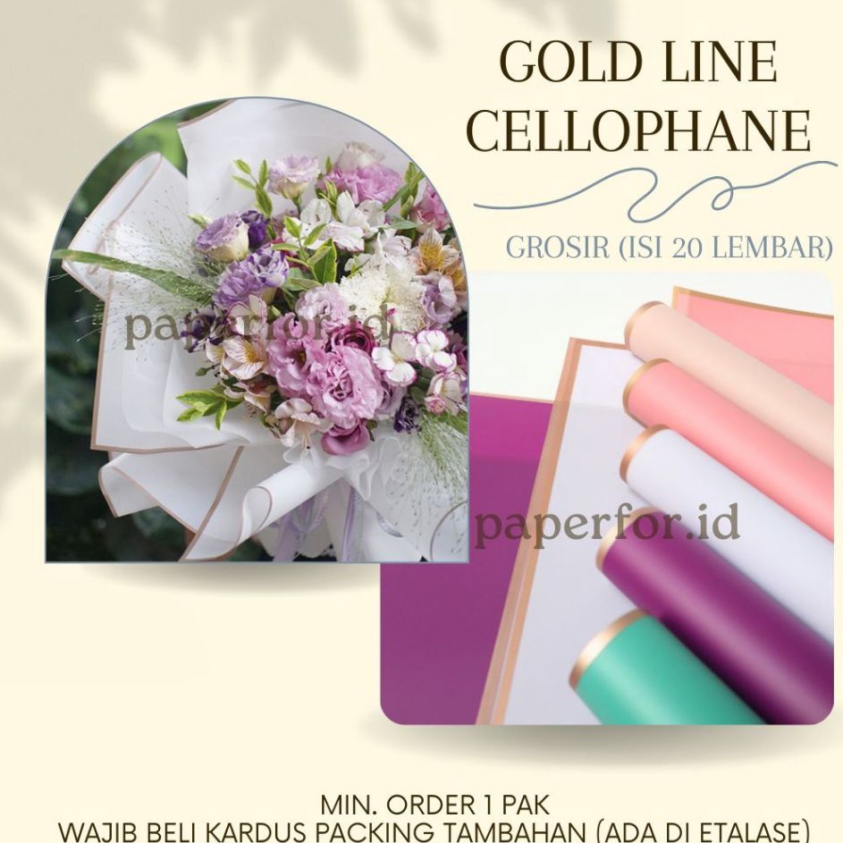 

Penjualan Terpercaya GROSIR Kertas Buket Bunga Cellophane GOLD LINE isi 2 lembar