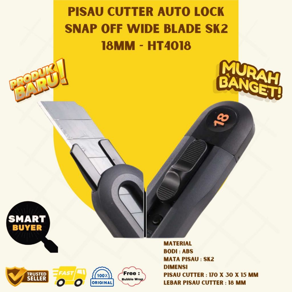 

Pisau Cutter Auto Lock Snap Off Wide Blade 18mm HT4018 Tajam Presisi Murah