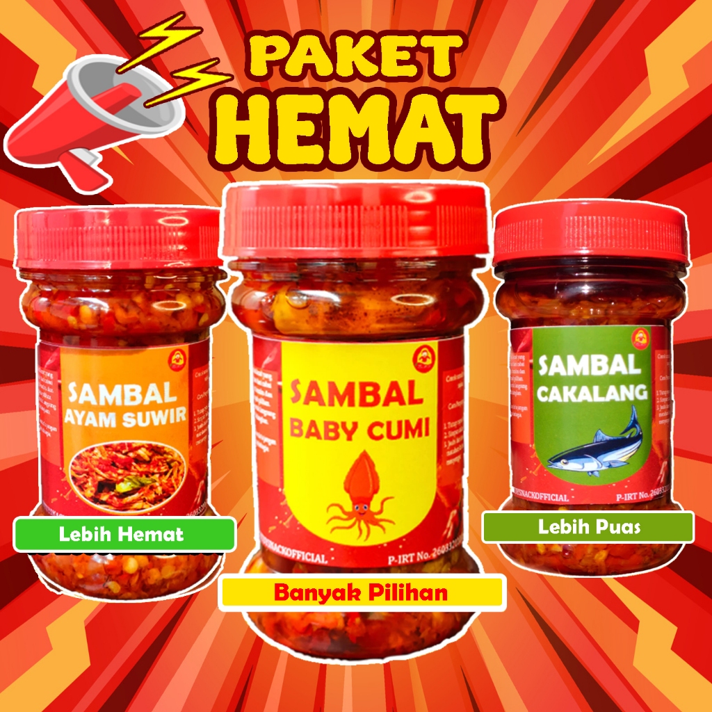 

PAKET HEMAT SAMBAL ISI 3PCS by SUTUY SNACK OFFICIAL/ SAMBEL BABY CUMI CAKALANG TERI PETE AYAM SUWIR