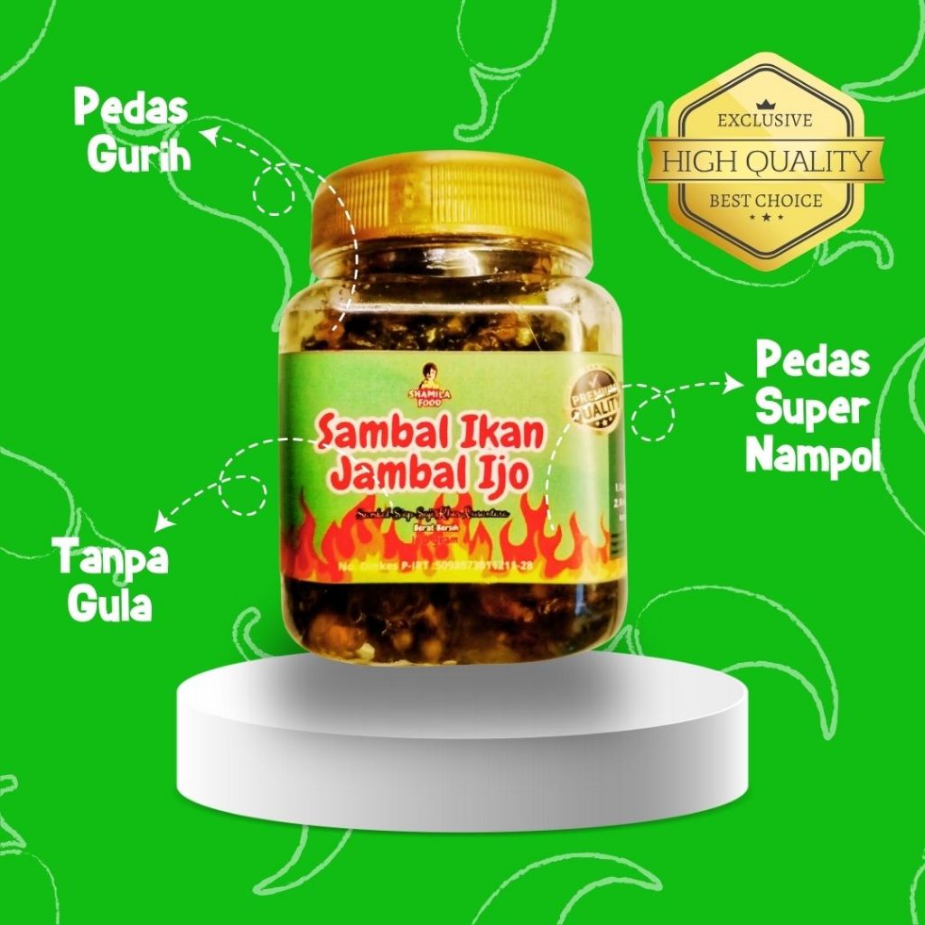 

Sambal Shamila | Sambal Ikan Jambal Ijo Botol 160 Gram | Sambal pedas Gurih | 100% tanpa Gula