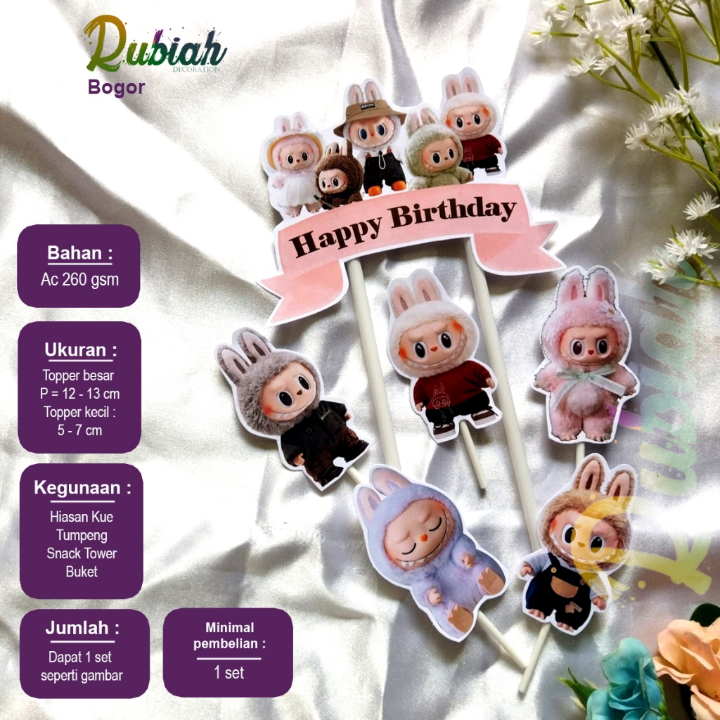 Custom Nama Foto Topper cake karakter Labubu Part 2 Hiasan Kue Ulang Tahun Snack Tower Buket Tumpeng