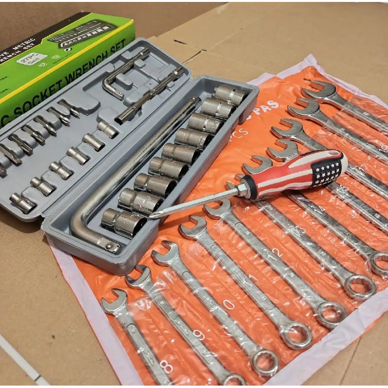 Satu Paket Kunci Bengkel / Kunci Sok Set kenmaster 27 Pcs / Kunci Ring Pas 11 Pcs Diamond / Alat Ben