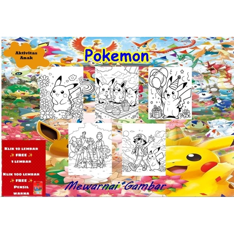 KERTAS MEWARNAI COLORING ANAK / BUKU MEWARNAI POKEMON /AKTIVITAS ANAK