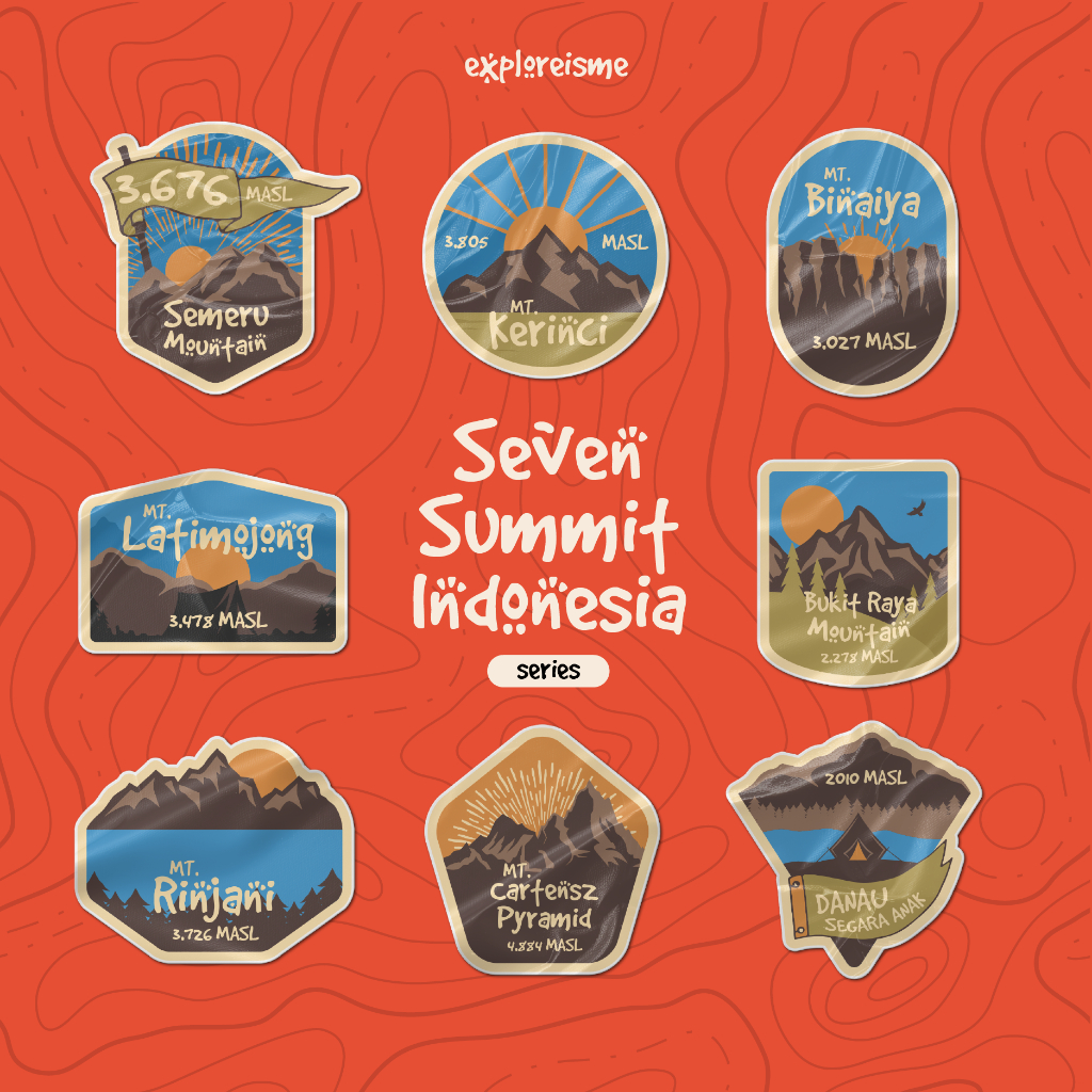 exploreisme | stiker gunung indonesia, sticker seven summit indonesia, rinjani, semeru, cartensz,