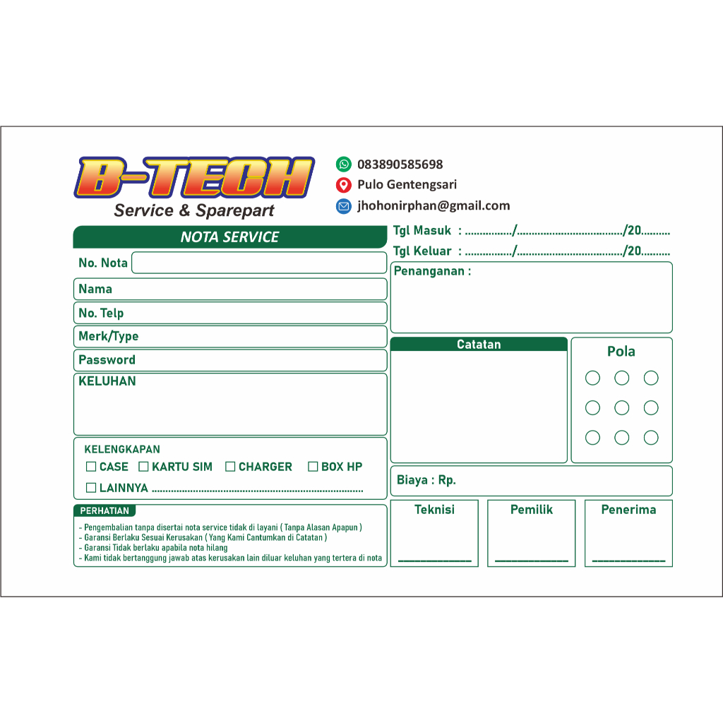 

syam nota service hp custom 2 ply ukuran 1/4 folio