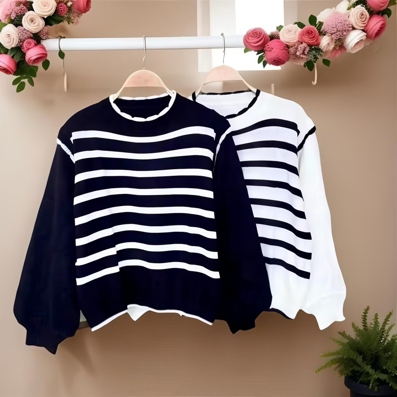 Amanda Atasan Rajut Wanita Motif Garis – Baju Rajut Stylish Nyaman - Baju Rajut Wanita Strip Korea –