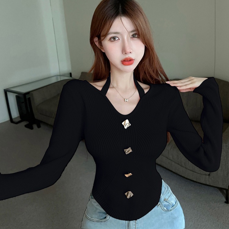 AJW Atasan Wanita Tali Leher Variasi Button Rajut Premium RBG | Baju Wanita Bodycon Tali Leher V-nec