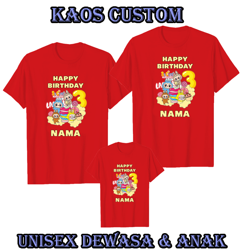 Kaos Baju Labubu Ultah Custom Sablon Gambar Nama Keluarga Ulang Tahun Anak Dewasa Birthday