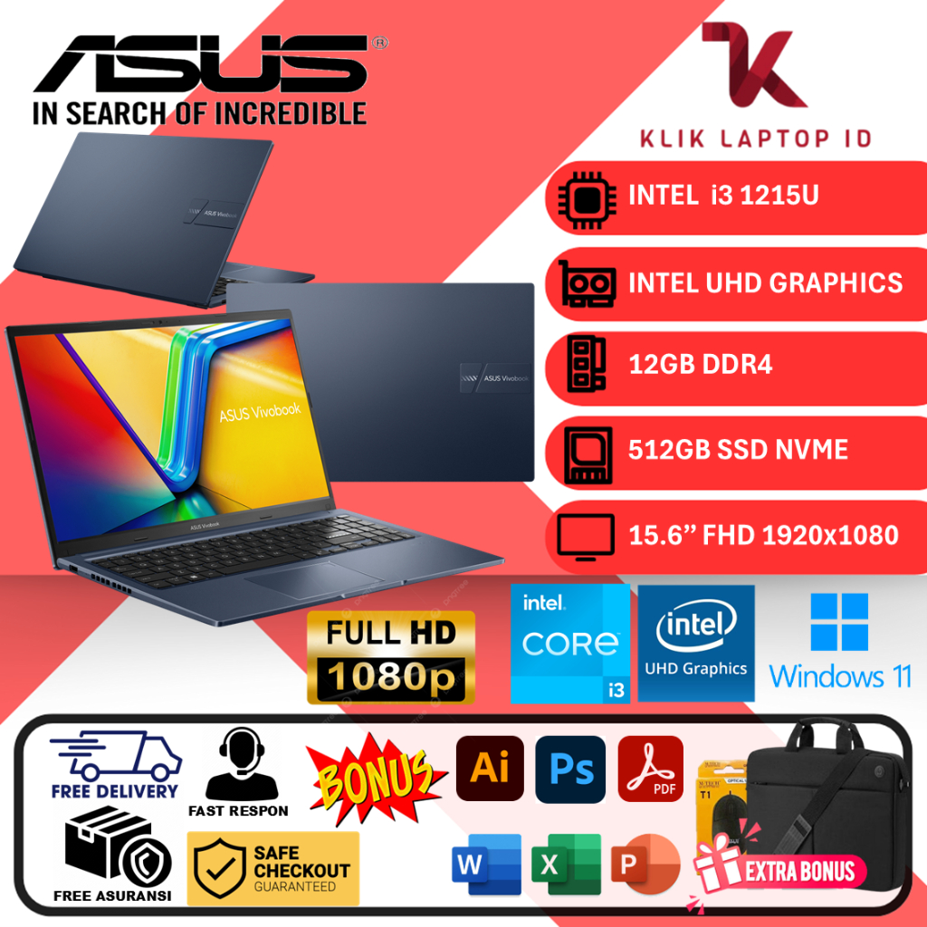 LAPTOP TERBARU ASUS VIVOBOOK 15 F1502ZA INTEL CORE i3 1215U 12GB 512GB SSD FHD WIN11