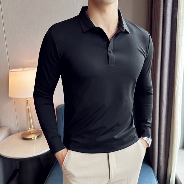 kaos Polo Pria Lengan Panjang hitam polos kaos Longsleeve Berkerah kasual elastis slimfit premium