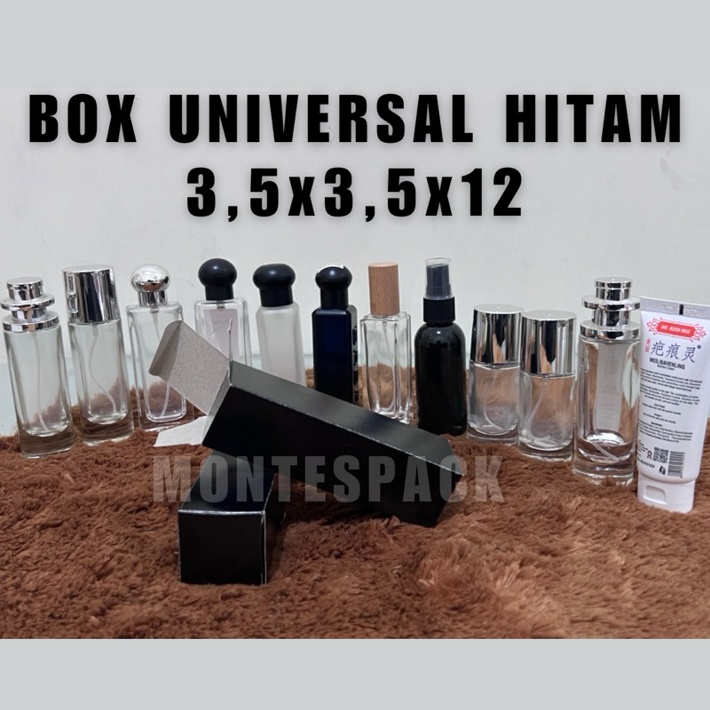 

Box Universal 3,5x3,5x12 cm HITAM| Box Reguler Universal untuk botol panjang 30ml 35ml hitam