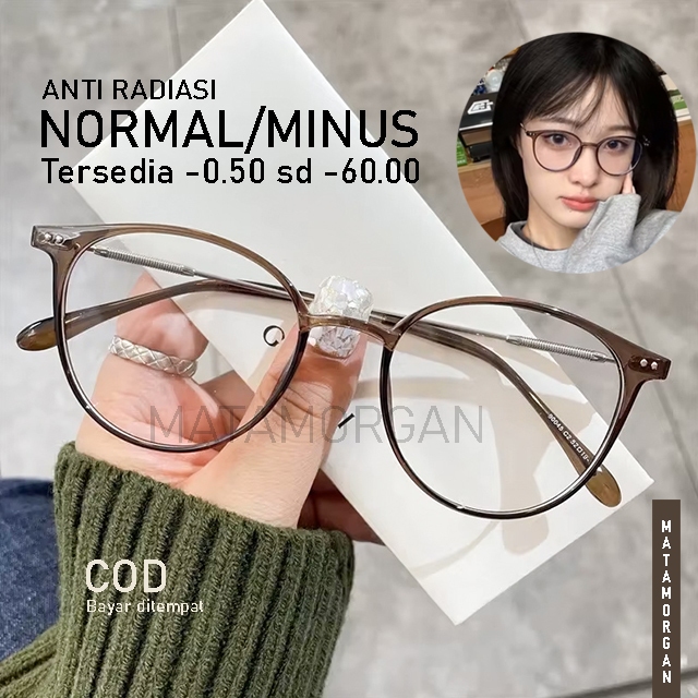 Kacamata Lensa Normal Minus Anti Radiasi Anti Blue Light Frame Bulat Oval gagang besi Korean Kekinia