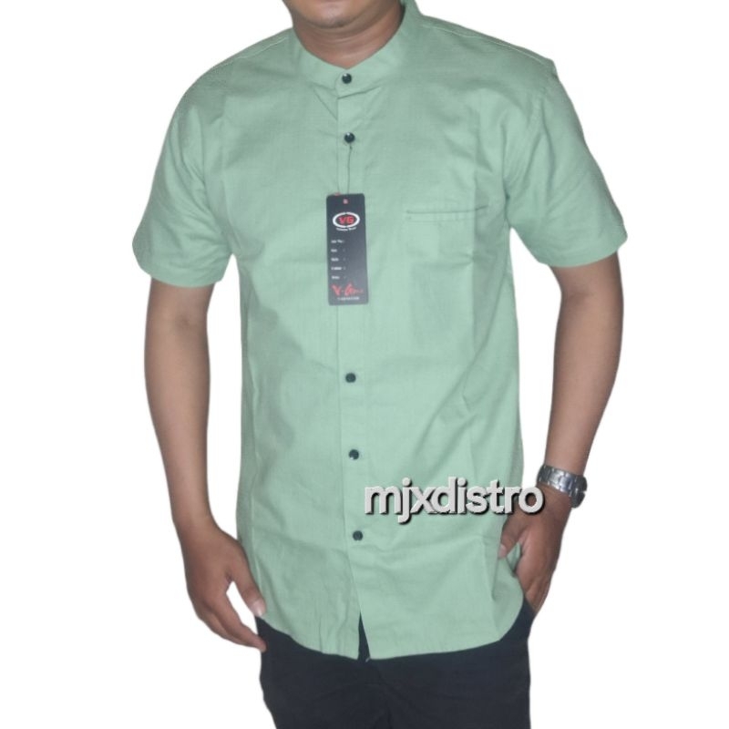 Kemeja Pria Lengan Pendek Kerah Shanghai/Kemeja Koko Pendek Basic Warna Hijau Sage