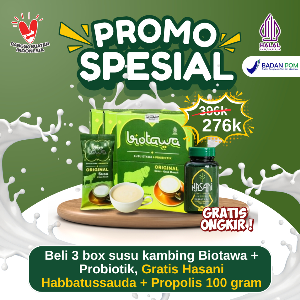 

Promo Susu Kambing Biotawa, Beli 3 Box Gratis 1 Botol Hasani Habbatussauda + Propolis
