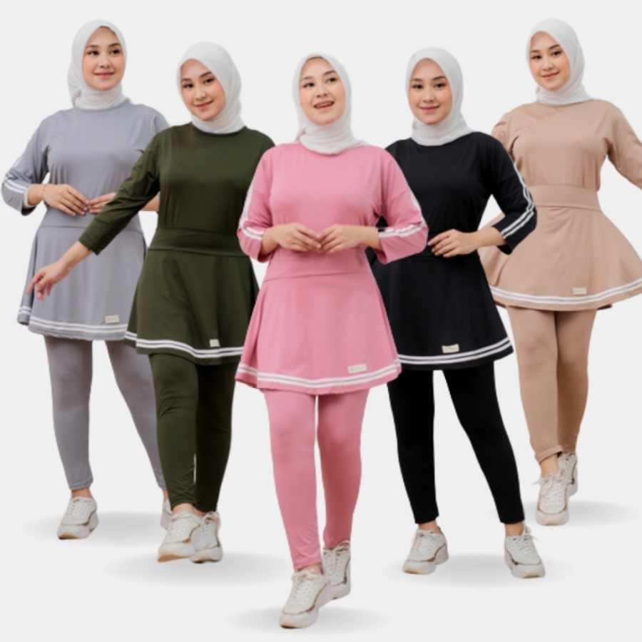 Setelan Baju Olahraga Wanita Muslim Terbaru Leging Rok Skirt Perempuan Sport Badminton Senam Lari