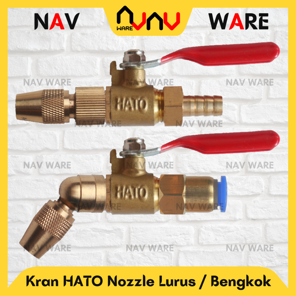 Kran Hato + Nozzle Kuningan 1 Lubang Lurus / Bengkok + Nepel 5/16 Inci / Slip Lock Selang PU 6mm 8mm