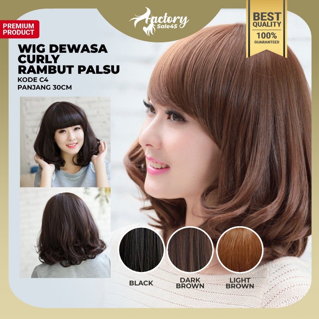 FACTORYSALE45 - Wig Rambut Dewasa Full Lace Pendek Curly Bergelombang Poni Depan Rambut Palsu Natura