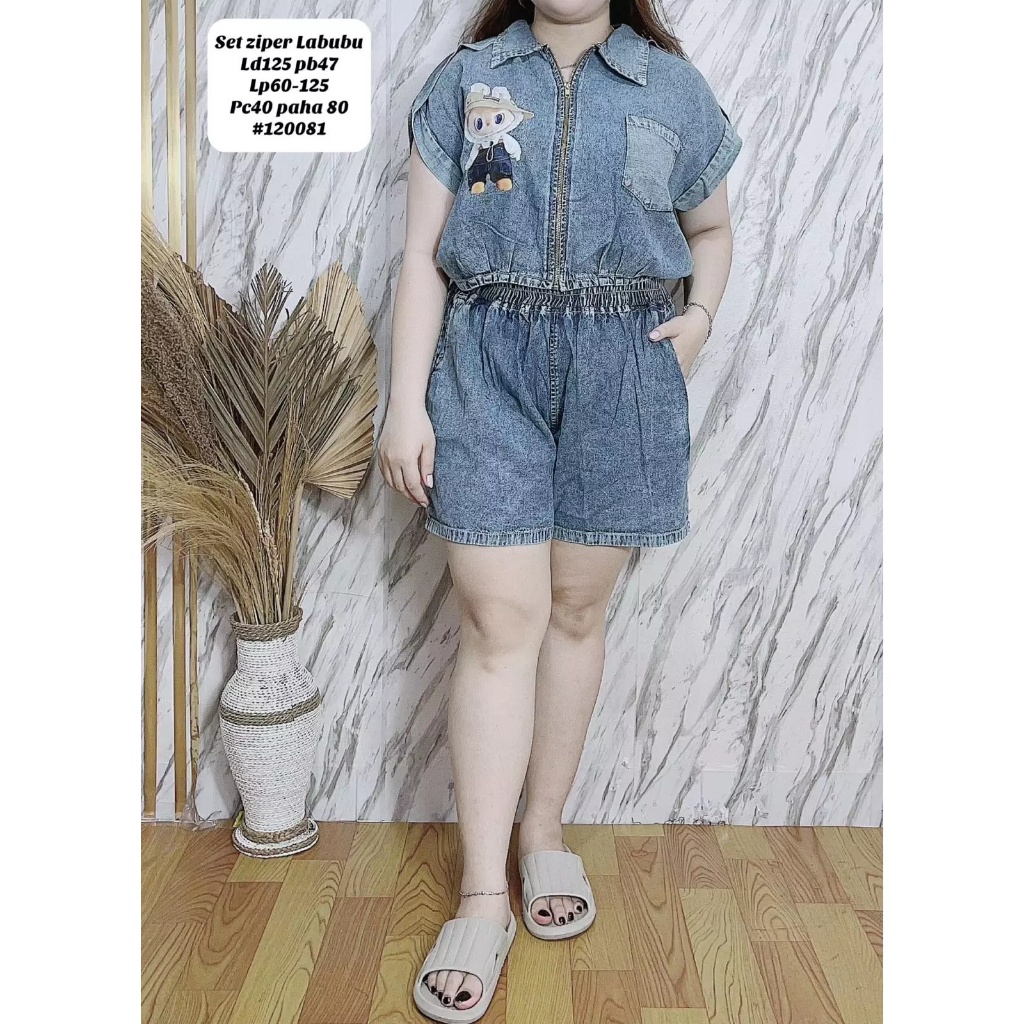 Oneset Jeans Labubu /Setelan Jeans Wanita Celana Pendek