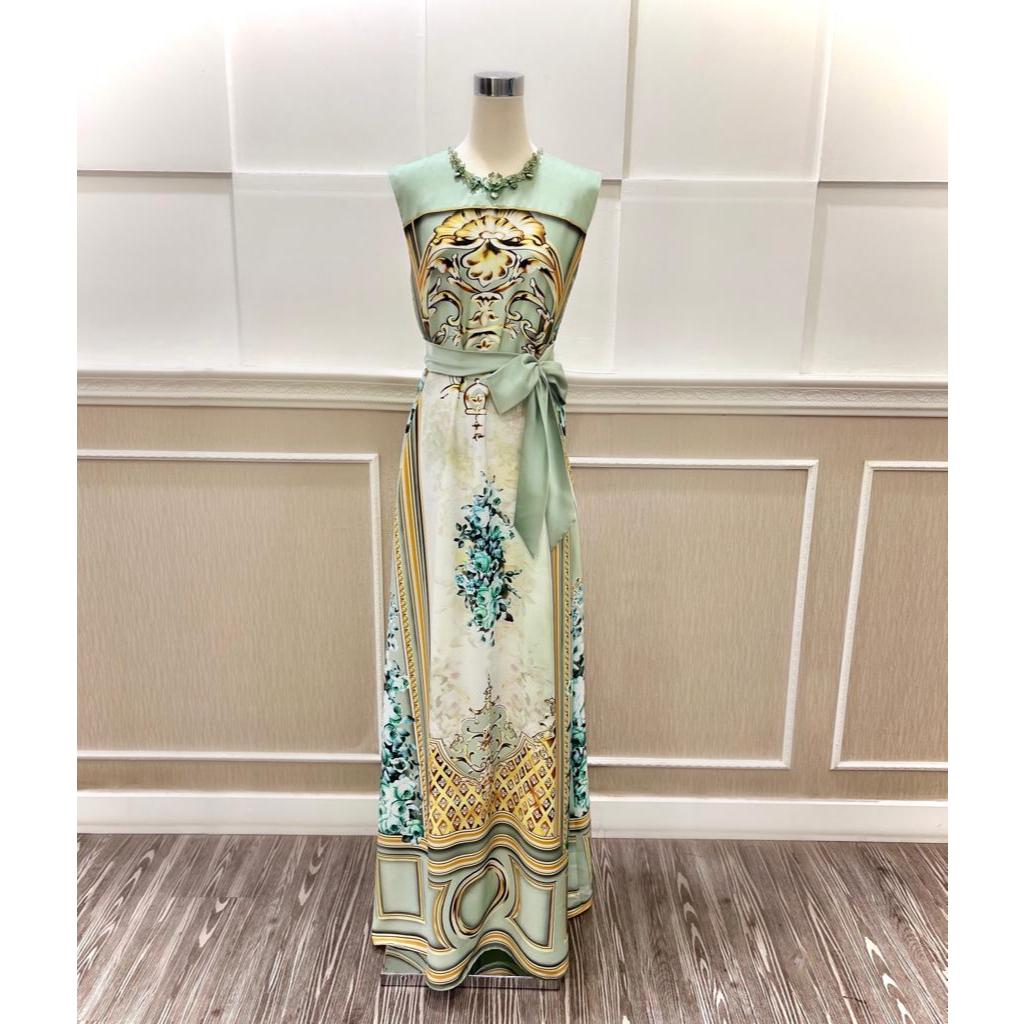 Sage green dress with beading & crystal / dress panjang hijau sage