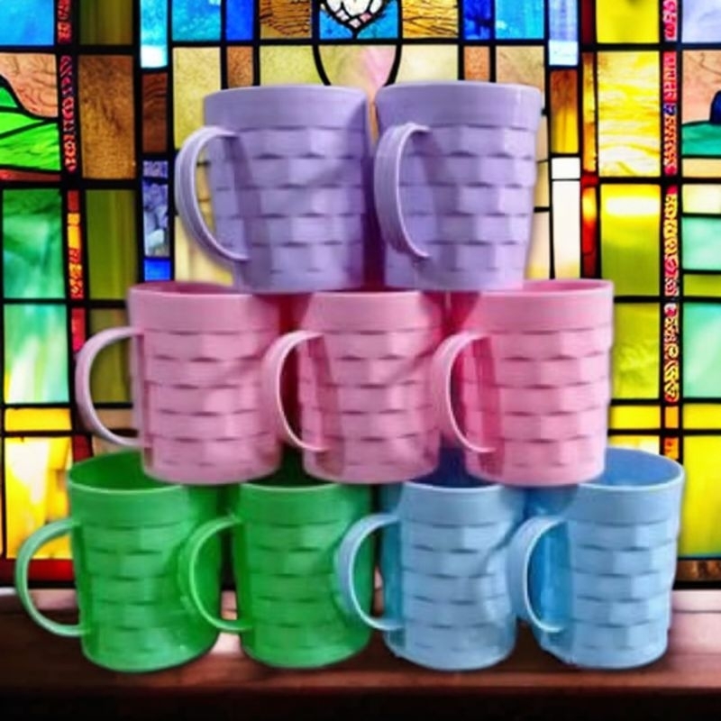 Gelas cangkir gagang plastik motif tikar isi 3 pcs