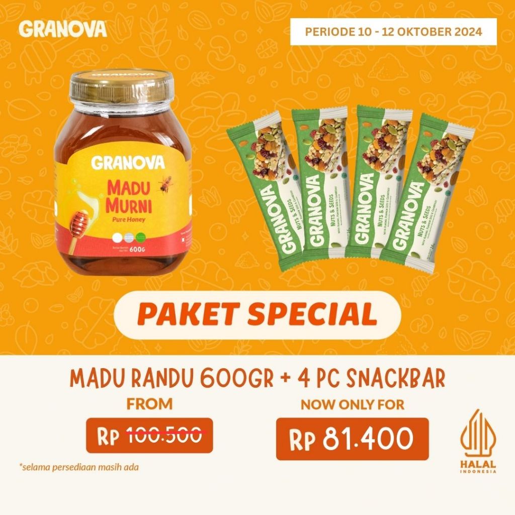 

Granova - Bundling Madu Murni Randu 600gr & Snackbar 26gr x 4 pcs