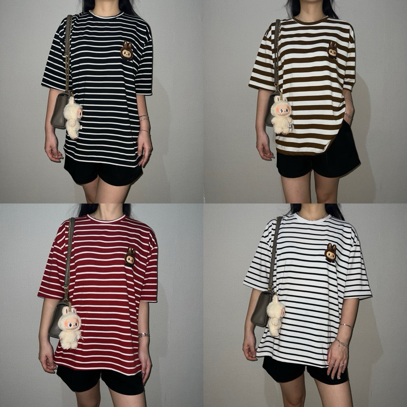 Mollyna | Oversize Stripes Shirt LABUBU / Crop Top / Kaos Viral / Baju LABUBU / Kaos Wanita Oversize