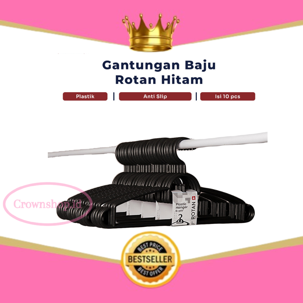 10pcs Gantungan Baju Rotan Hitam - Anak, Gantungan baju Dewasa , Gantungan Lemari Baju