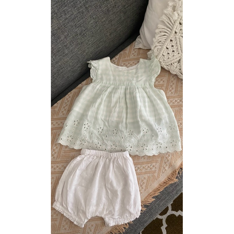 preloved oneset katbol baby atasan mint green pastel katbol dan hotpans katun rubi size 12-18month b