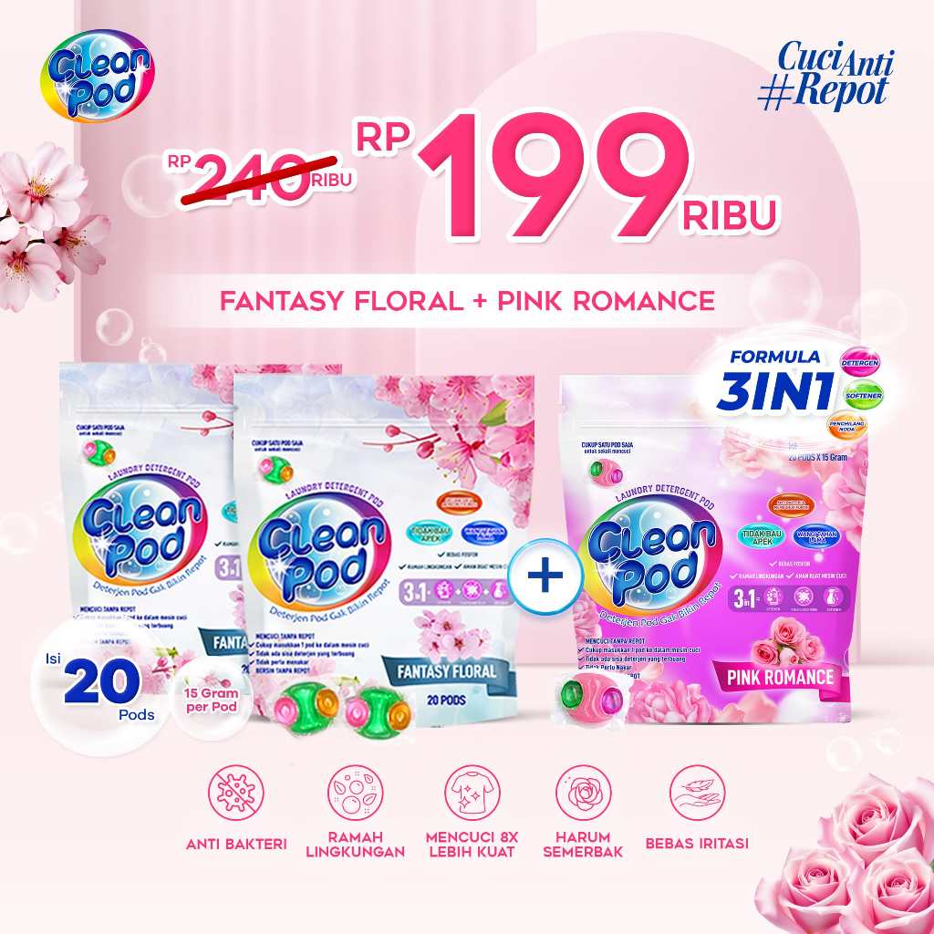 [ CLEANPOD ] 2 CleanPod Fantasy Floral + FREE CleanPod Pink Romance Laundry Detergen Pod (1 Pack isi