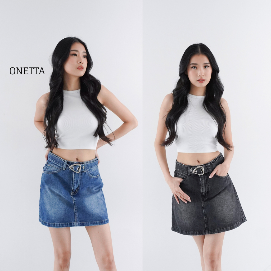 Onetta - Rok Mini Y2K Belt Denim Skirt BIANCA Jeans Unik
