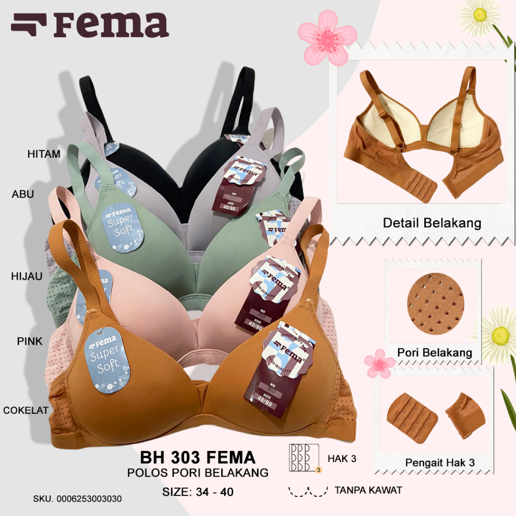 FEMA Official Shop Ecer 1 pcs Bh Bra 303 Polos Pori Tanpa Kawat